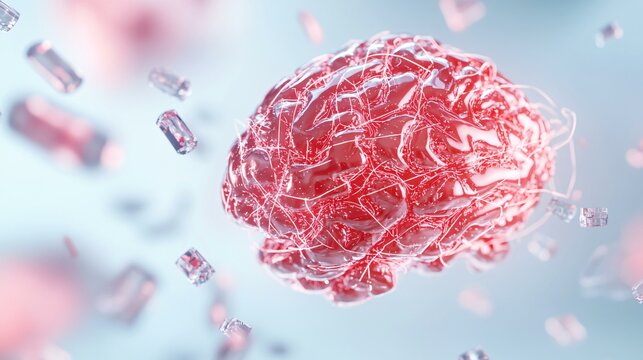 A 3D render of a floating brain node network with chrome cables and neon fiber optics, constantly rearranging itself to form new thought patterns