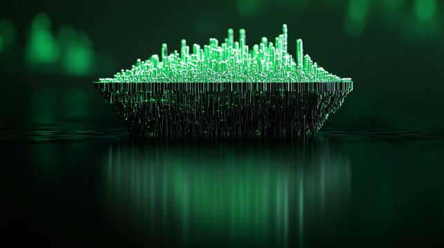 A floating island in a void carrying a network of glowing synaptic cables and server-like nodes, each node emitting pulses that reshape the island&acirc;&euro;&trade;s circuitry over time