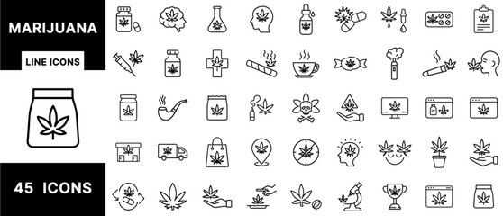 Marijuana Line Icons – Cannabis Products, Medical Use, Smoking, Edibles, Hemp Oil, Legal Dispensary, Plant Growth, Retail Symbols, Vaping and Recreational Weed Set