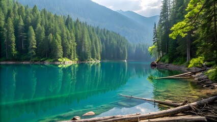 A scenic view of a turquoise lake surrounded by a dense forest and distant mountains under a cloudy sky