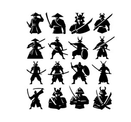 Samurai Warrior Set Silhouette Icon Logo Black and White Vector