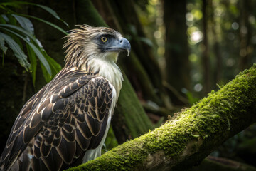 Philippine Eagle Perched on Mossy Branch in Tropical Forest, Close-Up of Majestic Bird of Prey with Sharp Beak and Feather Details