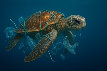 Save the Oceans: Turtle Entangled in Plastic Pollution