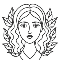 Minimalist Black and White Line Art Portrait of Woman with Wavy Hair and Leaves