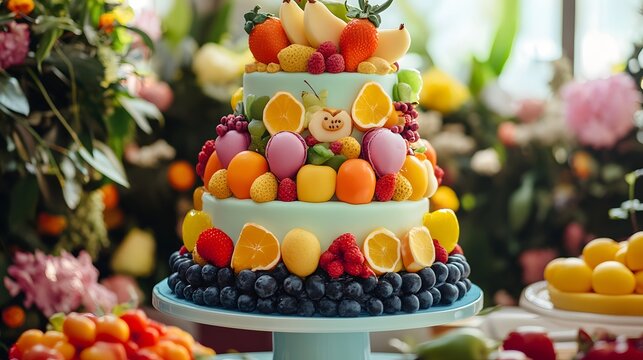 A vibrant multi-tiered cake, adorned with fresh fruits, berries, and pastel macarons, stands as a delectable centerpiece, perfect for celebrations and culinary delight. A tasty food and art design.