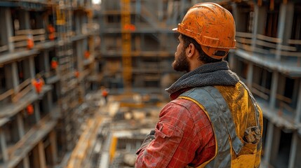 Obraz premium Construction Worker Contemplating a Skyscraper's Framework