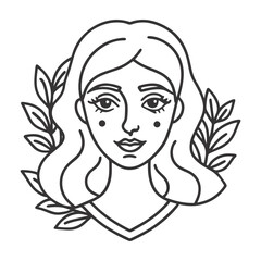 Minimalist Black and White Line Art Portrait of Woman with Floral Leaves