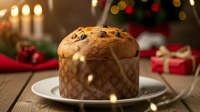 panettone with chocolate chips on festive wooden table