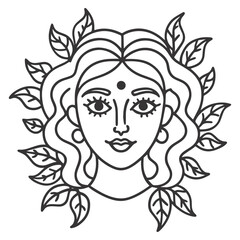 Whimsical Stylized Black and White Woman Line art with Botanical Portrait