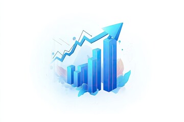 Growing bar graph with upward trend, surrounded by abstract leaves and lines, on a white background