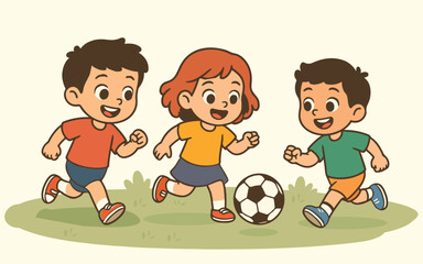 Boys and girl playing football running outdoor kids vector image. Kids Playing Football Vector Images