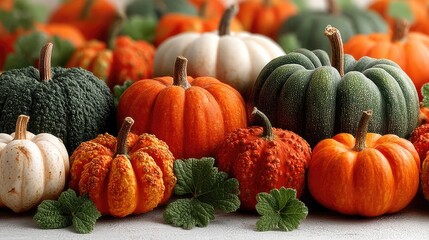 Autumn Pumpkin Harvest: A vibrant collection of pumpkins in various sizes, colors, and textures, including classic orange, creamy white, and deep green, are artfully arranged with fresh green leaves.