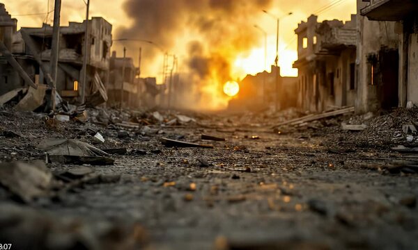 War destruction aftermath in desolate city street