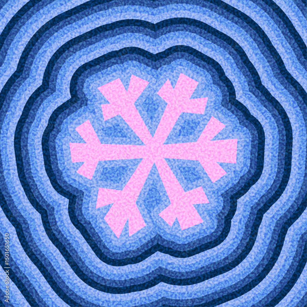 Poster geometric pink snowflake centered in layered blue wavy lines with a textured retro style. vector ill