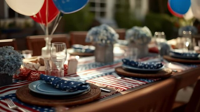 Festive outdoor table setting with red white blue balloons and flowers