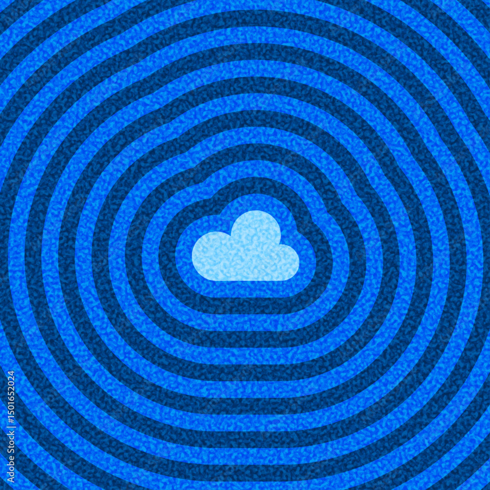 Poster vector illustration of a stylized cloud centered in a ripple-like pattern of dark and light blue con