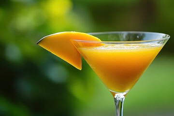 Mango martini garnished with a slice of mango.