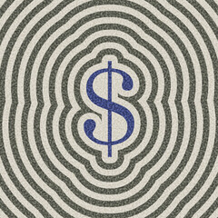 Vector illustration of a blue dollar icon centered in black and white concentric ripple waves with a textured background.