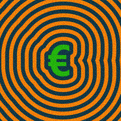 Vector illustration of a green euro icon centered in bold concentric waves of orange and dark blue with a textured finish.