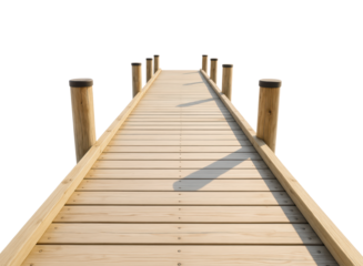 A Serene Wooden Dock Extending into the Distance with Symmetrical Pillars Casting Shadows, Isolated on Transparent and White Background
