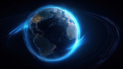 Earth illuminated by a striking blue line of light against a dark background emphasizing modern technology and innovation