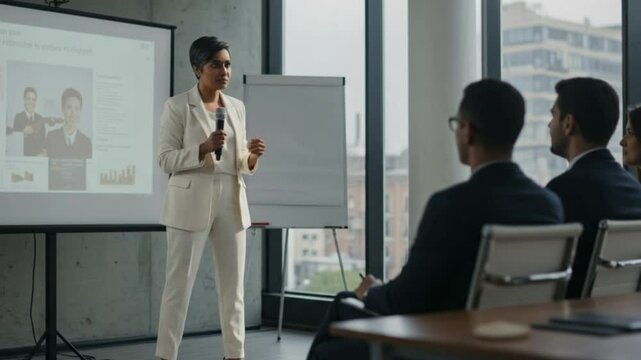 Presentation Power: A poised presenter commands attention in a modern boardroom, delivering insights to an attentive audience, conveying professionalism and strategic communication.