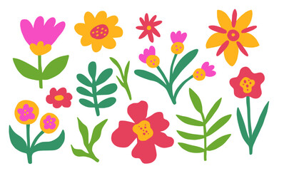 Set abstract bloom flower in flat retro style. Hand-drawn botanical floral elements.