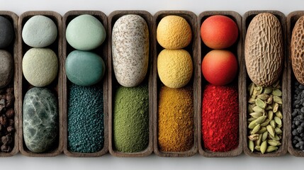 Gourmet Ingredient Assortment: An artful arrangement of a multitude of gourmet culinary components, showcased in a series of rustic boxes, highlighting a colorful array of textures and flavors.