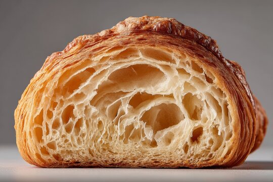 A beautifully cut croissant displays its layered interior, highlighting texture and a golden crust. - Powered by Adobe