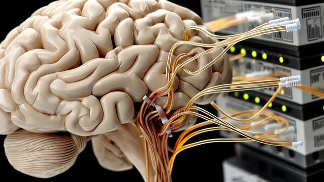 Exploring the connection between human intelligence and technology with a visual representation of a brain interfaced with servers