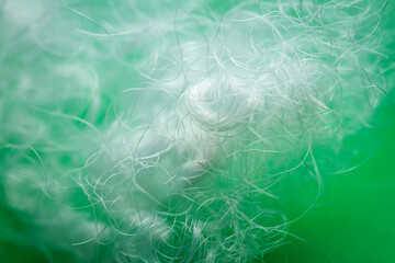 Extreme macro of polyester stable fiber on green background. Selective focus, shallow depth of field. Abstract dreamy background