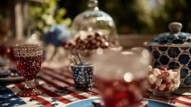 Festive table setting with red and blue glassware and candy