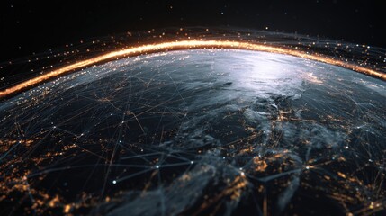 Digital grid overlay on spinning planet with active lines of lights representing global communication and data exchange