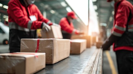 E-commerce workers stacking packages inside delivery vehicle, warehouse background, teamwork logistics concept, ready for last-mile delivery service