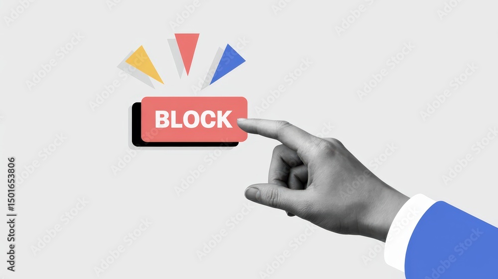Poster blocking concept illustration a hand about to press a red block button with colorful triangles on a 