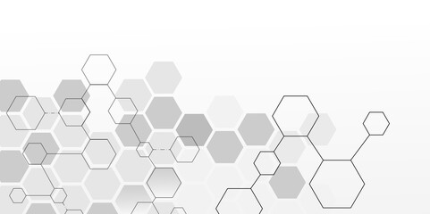 Hexagonal Molecular structure abstract tech network pattern. Medical design. geometric hexagonal honeycomb shape texture background 3d copy space. Science template, wallpaper or banner. Vector.