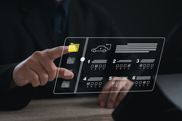 Technician using digital interface to review select electric vehicle inspection items on virtual checklist, representing smart EV maintenance, performance evaluation, modern automotive diagnostics.