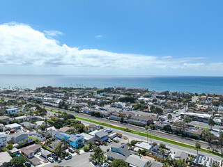 Aerial view of wealthy Encinitas town with blue ocean in San Diego, South California, USA. 