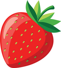Vibrant red strawberry illustration with green leaves and seeds