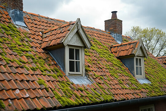 Moss-covered tiled roof with dormer windows showcases aged architectural texture