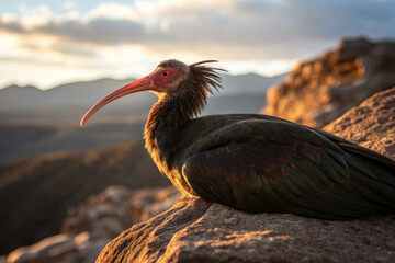 Obraz premium Northern Bald Ibis Perched on Rocky Cliff at Sunset, Rare Bird with Distinctive Long Curved Beak and Black Feathers in Natural Mountain Habitat