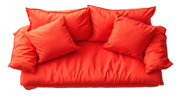 Bright red sofa with pillows isolated on PNG transparent background