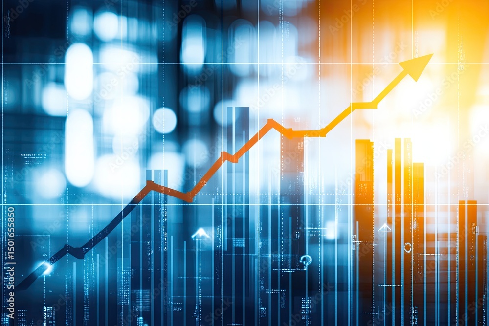 Aufkleber abstract graphic depicting upward trend in data, with digital city background. visualizes growth and