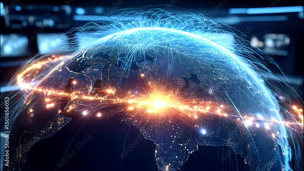 Poster globe illuminated with light pulses and data signals security lockdowns triggered by breaches