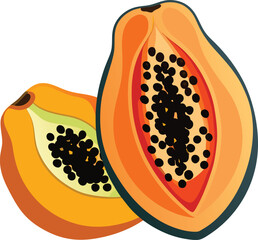 Vibrant illustration of two halved papayas displaying seeds and flesh