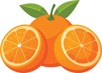 Vibrant illustration of juicy oranges with leaves a whole orange and two halves displaying freshness