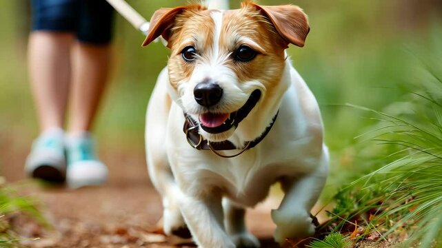 A joyful dog happily explores a scenic forest trail under the warm rays of the sun on a beautiful autumn day