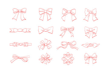 Set of ribbons tied into various bows, flowing hand-drawn line art, editable designs