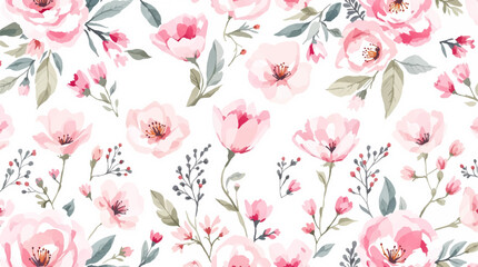 pink flowers Watercolor background, Seamless pattern with red watercolor flowers and leaves. Peonies blossom