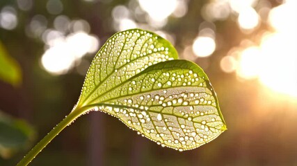 Dew drops cling to leaf veins creating a stunning, backlit, organic natural close up view with bokeh lights and blurred background - Powered by Adobe